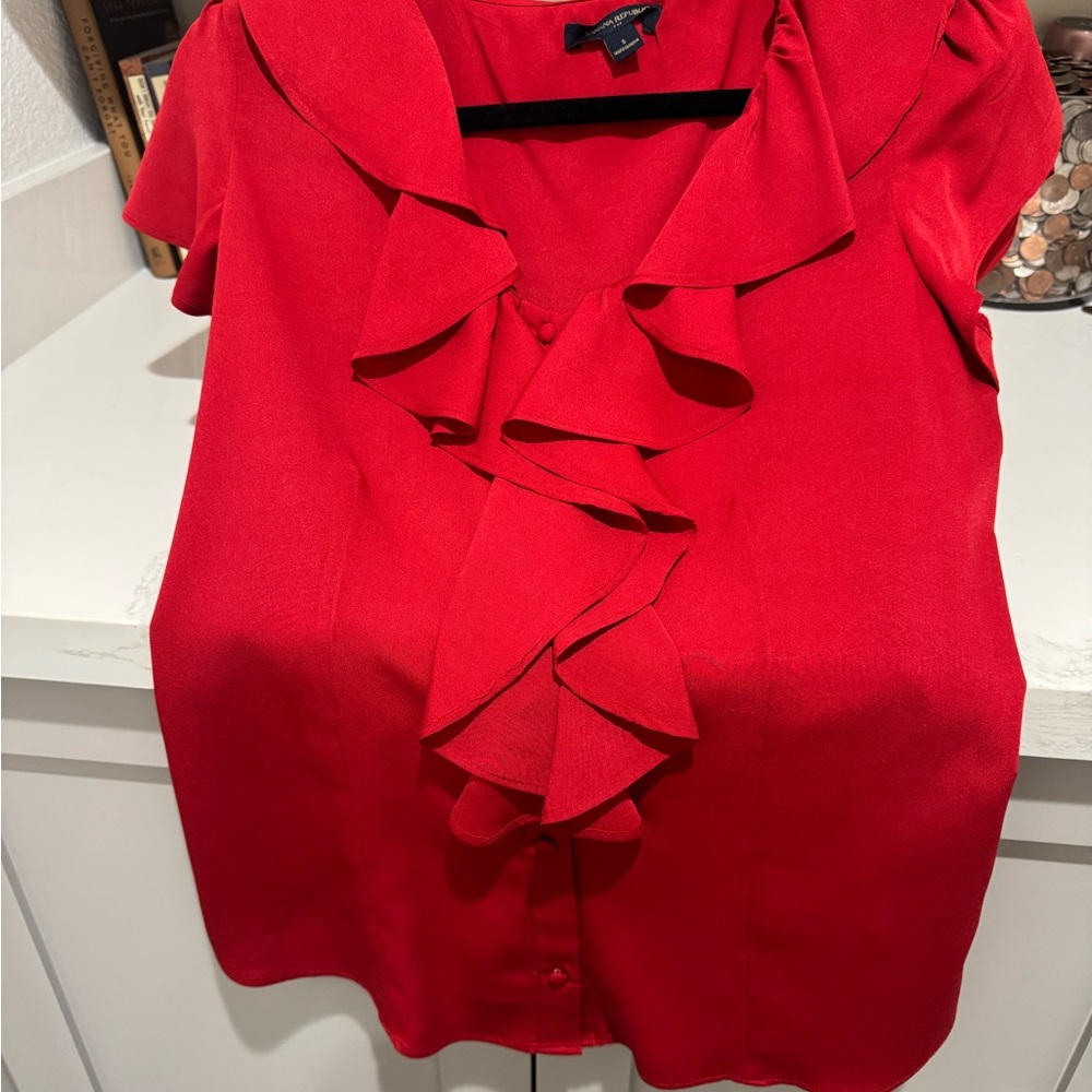 Red Ruffled V-Neck Blouse - Women